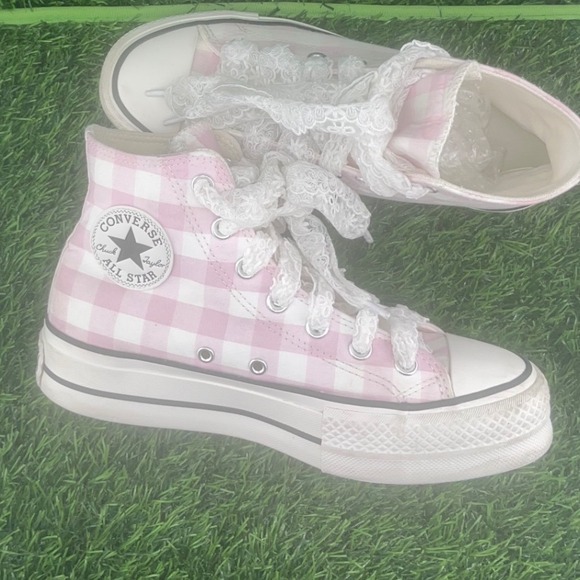 Converse Chuck Taylor All Star Platform Pink Gingham Lace Up High Top Sneakers - Picture 9 of 12